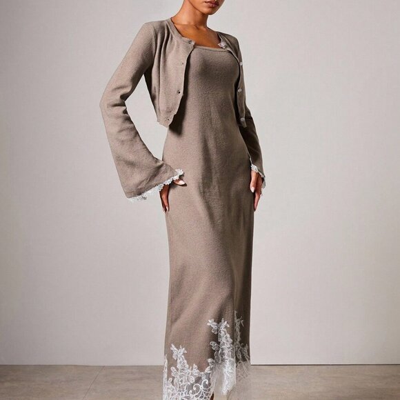 Elegant Women's Sleeveless Lace Trim Dress with Cardigan Set - Picture 7 of 14